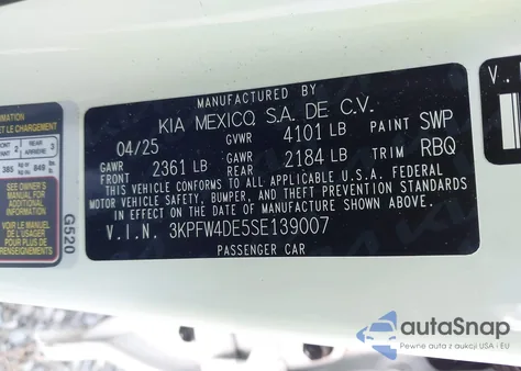 2025 Kia K4 Gt-Line z USA, uszkodzony, nr VIN 3KPFW4DE5SE139007